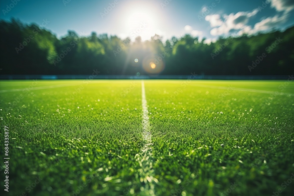 Synthetic Turf Football Field with Soccer Goal, Green Grass, and Goal Net Shadow