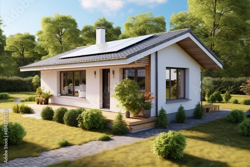 New Photovoltaic System on Suburban House. Modern Eco-Friendly Passive House with Solar Panels