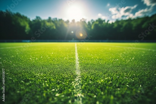 Synthetic Turf Football Field with Soccer Goal, Green Grass, and Goal Net Shadow photo