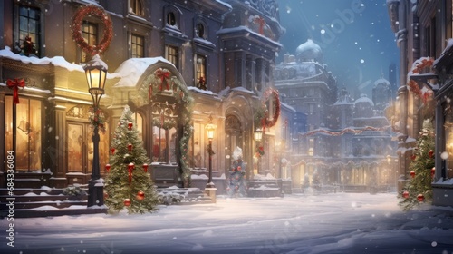A snowy street with christmas decorations and lights