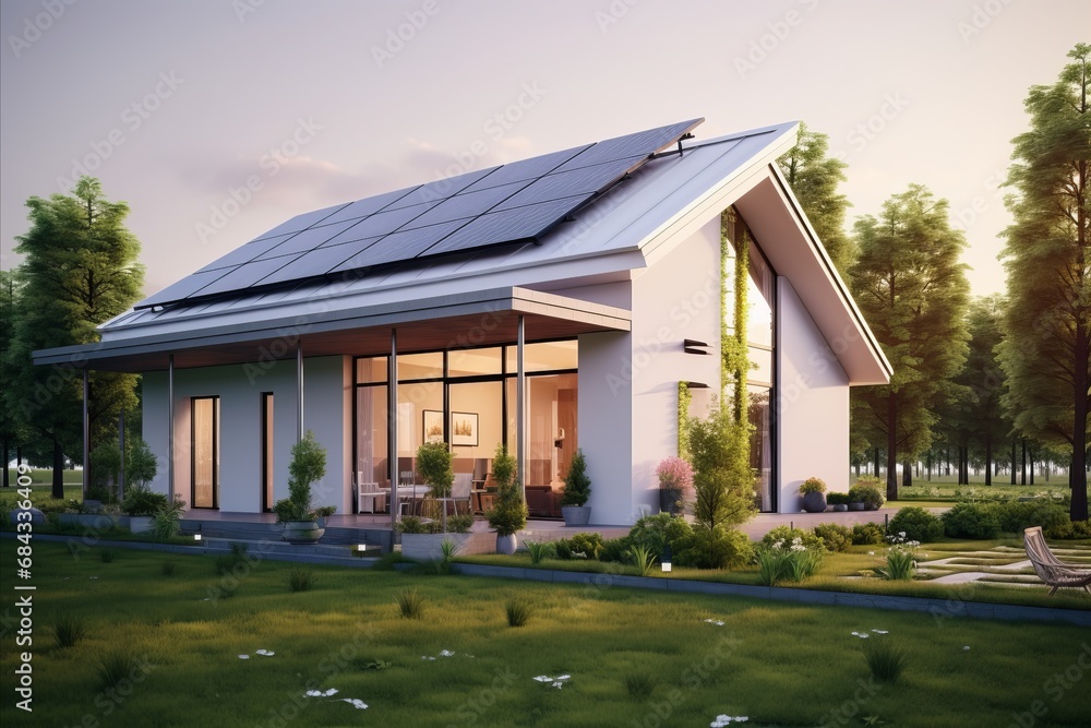 New Photovoltaic System on Suburban House Roof. Eco-friendly Solar Panels on Modern Passive House New Photovoltaic System on Suburban House Roof. Eco-friendly Solar Panels on Modern Passive House