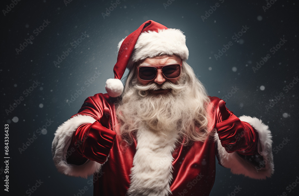  Santa Claus with sunglasses is giving a thumbs-up sign.