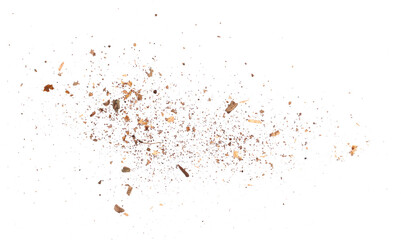 Wood pieces and dust, crushed tree bark isolated on white background, organic texture, top view