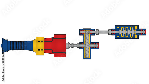 Centrifugal compressor, gearbox, and aeroderivative gas turbine turbomachinery color drawing showing couplings, journal bearings, single helical gears, impellers, and thrust bearings