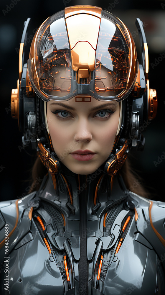  Futuristic robot in orange color helmet, looks like beautiful female face on isolated background. AI Generative