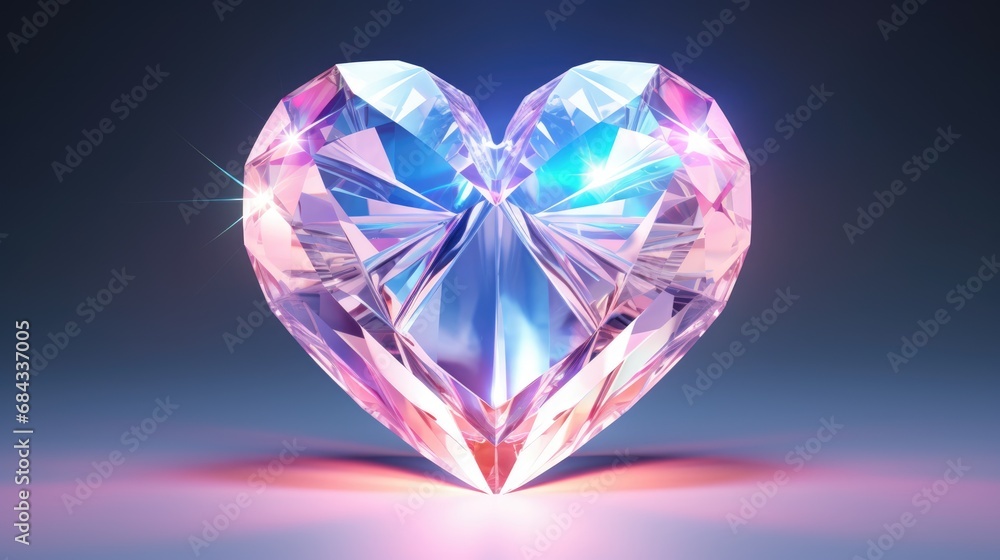 Fototapeta premium Pink Crystal heart background. Happy Valentines Day, wedding concept. Symbol of love. Diamond gemstones crystalline hearts semi&nbsp;precious&nbsp;jewelry. For greeting card, banner, flyer, party invitation..