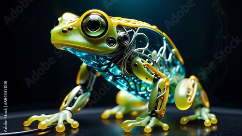 Avec des yeux électroniques d'un vert éclatant, cette grenouille hybride mécanique évolue dans un futuriste écosystème cybernétique, combinant la nature sauvage et la technologie.