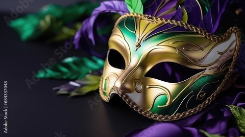 Mardi Gras Venetian masks in golden purple green colors background. Festive colorful Carnival Mardi Gras masquerade mask design for banner, greeting card, prints, poster, party invitation, flyer.. © Oksana Smyshliaeva
