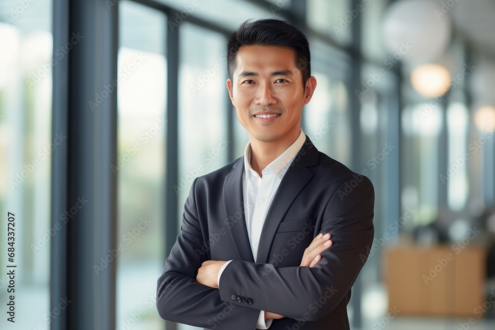 Portrait of confident young Asian businessman standing with arms crossed in office Portrait of confident young Asian businessman standing with arms crossed in office
