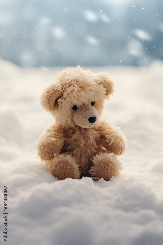 A teddy bear is sitting in the snow, back, wide-angle shooting A teddy bear is sitting in the snow, back, wide-angle shooting
