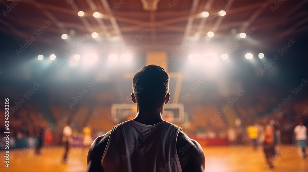 Back view close up man with a basketball ball On the basketball court with sporlight Back view close up man with a basketball ball On the basketball court with sporlight