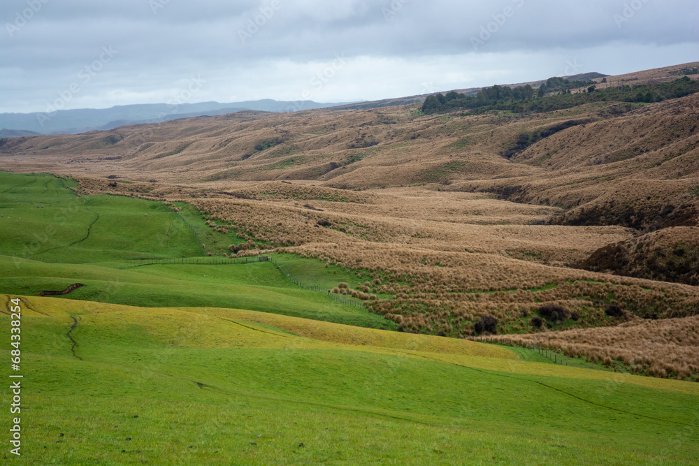 Agricultural Farmland in stark contrast to the original tussock country in New Zealand's high country