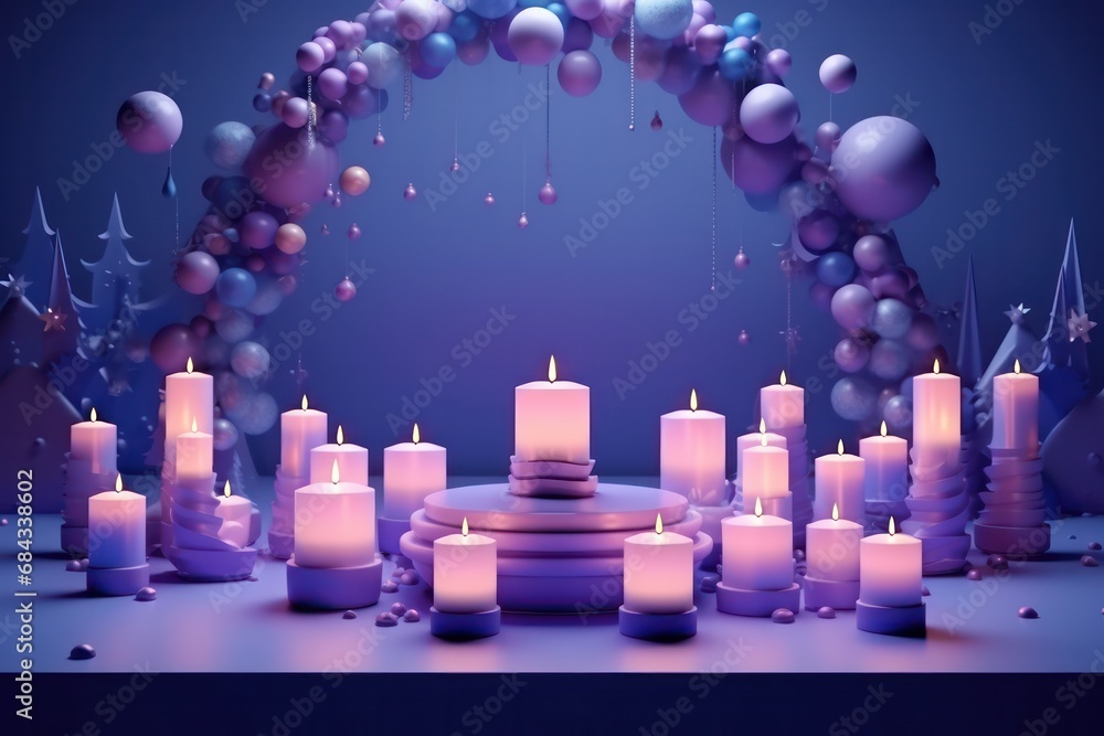 christmas set design with lots of candles and xmas wreath of baubles arch in blue purple color palette