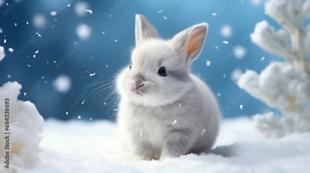 Fototapeta premium Cute baby rabbit in snow enjoying Christmas snowflake