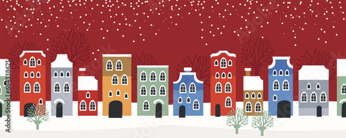 Seamless pattern winter landscape, Celebrating Christmas and New Year. Panorama. Seamless border with winter cityscape. Snowy night in a cozy city. Winter Christmas Village NIGHT landscape.