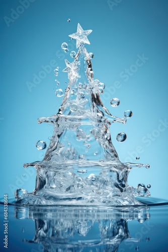 Christmas tree made of water 3d render design on blue background. Holiday season environment effect. 