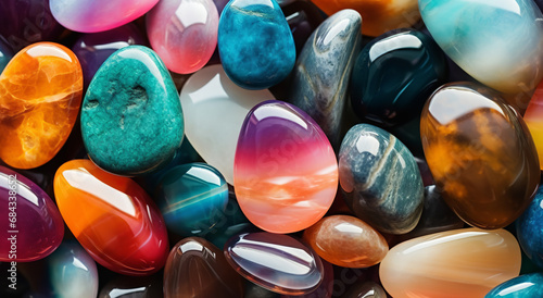 Colorful gemstones arranged close together in a pile, in the style of soft and rounded forms, monochromatic color schemes, calming effect photo