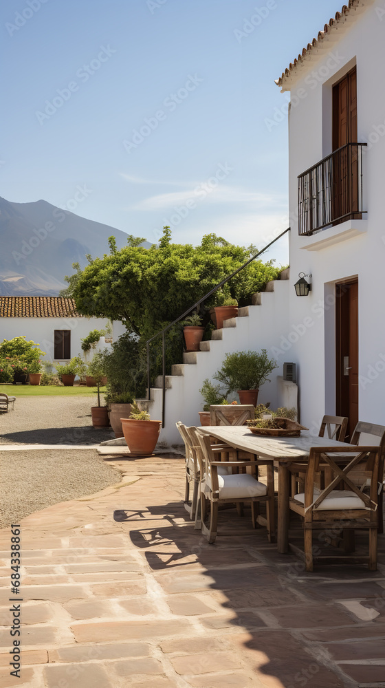 Fototapeta premium Farmhouse courtyard, a country-style flat-floor villa, front view of the house, long-range shooting