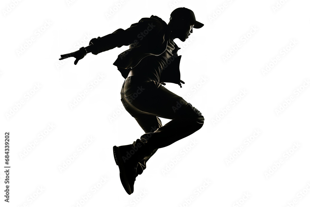 Man in a dynamic and energetic jumping pose, side view, black silhouette, full black fill color, flat color, solid black, white background