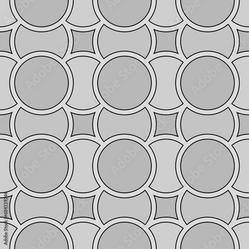 Grey figures background. Overlapping circles texture. Ethnic motif. Seamless surface pattern design with circular quilts ornament. Digital paper with rings for textile print, web designing. Vector