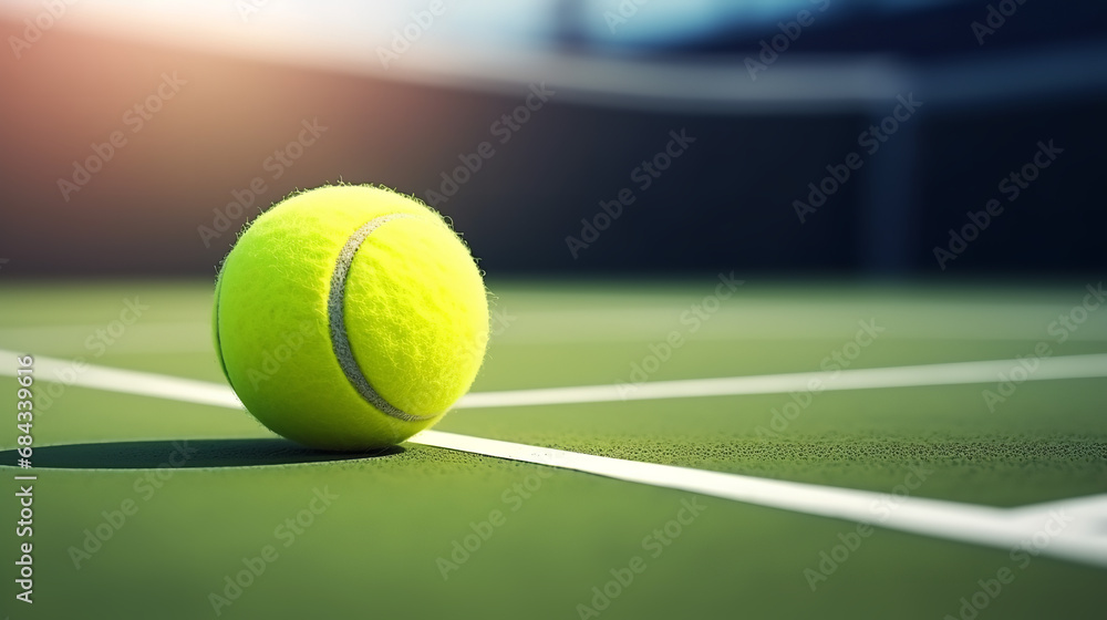 Tennis ball on empty court floor close up outdoor sport field for practice and train