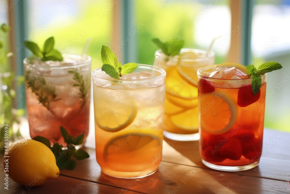 Lemonade with Different Flavors in Glasses on Blurred Background Lemonade with Different Flavors in Glasses on Blurred Background