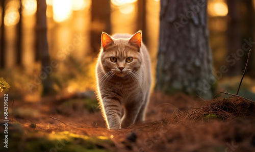 The sweetest cat in the world: a red chartreux with amber eyes awlking through a forest at dawn photo