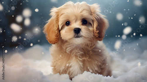 Cute beige maltipoo puppy on a snowy background with copy space. Funny Christmas puppies Copy space.