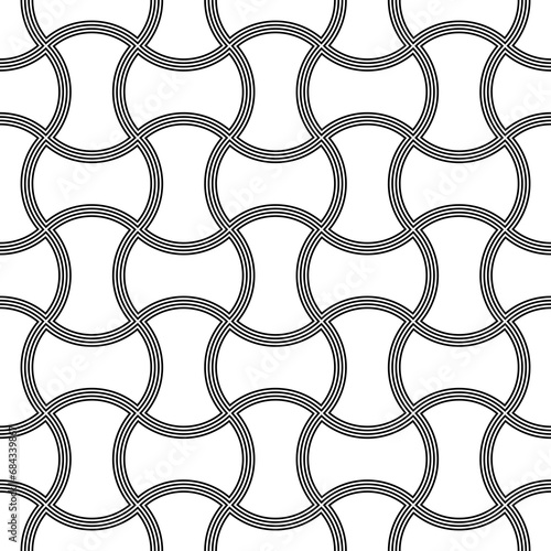 Apple core quilts. Seamless surface pattern design with ethnic ornament. Black hollow interlocking axehead figures tessellation on black background. Image with hammerhead shapes. Patchwork art motif.