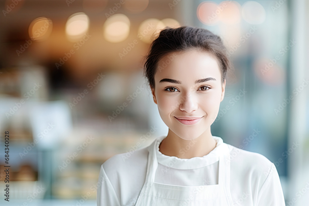 A happy and confident young business woman who owns and runs a small cafe with professional charm.