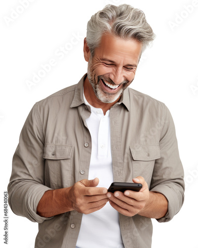 Older man smiling and looking at his smartphone, transparent background (PNG)