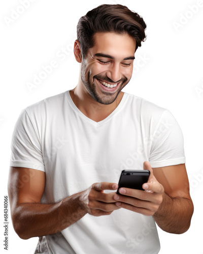 Young man smiling and looking at his smartphone, transparent background (PNG) © Georgina Burrows