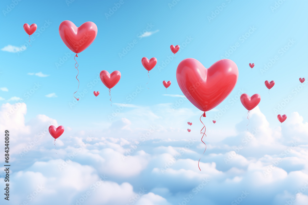 Valentine's Day 3D balloon red hearts flying in the sky around the clouds.