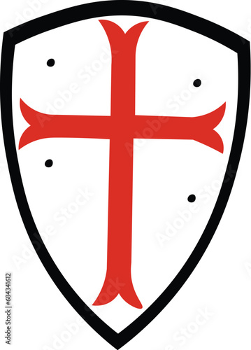 Cartoon Black and White Isolated Illustration Vector Of An Old Vintage Armor Shield with Cross On