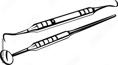 Cartoon Black and White Isolated Illustration Vector Of Dentists Tools such as Hook and Small Mirror