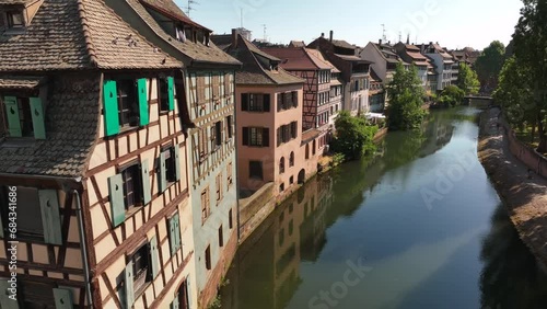 Aerial view of the cityscape of Petite France. Strasbourg, France. Barrage Vauban with medieval bridge Ponts Couverts photo