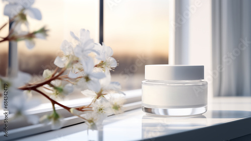 Glass Jar of cosmetic cream beside the window  beautiful treatment routine