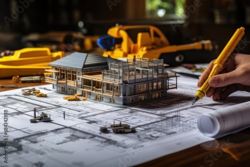 Architect working on blueprint at construction site. Engineering and architecture concept. House projects plan and blueprints. Real estate concept. photo
