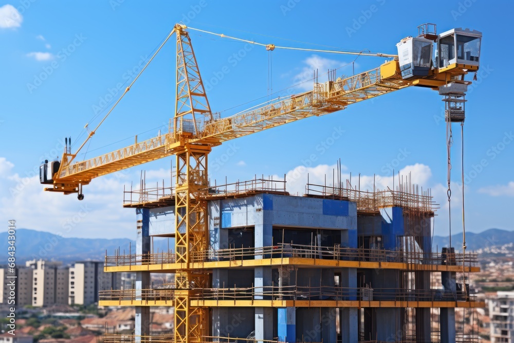 Crane and building under construction against blue sky. Construction concept. . Engineering and architecture concept.