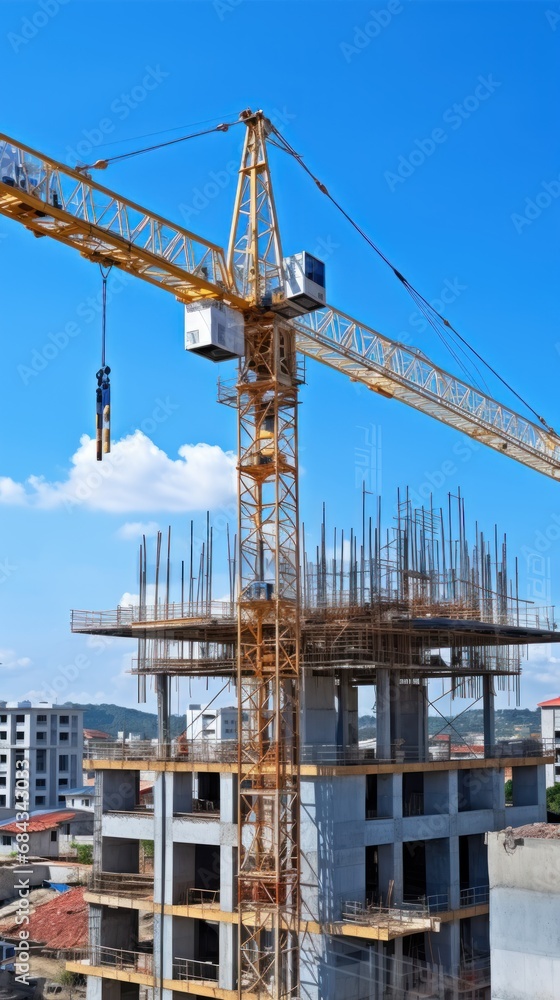 Crane and building under construction with blue sky background. Construction concept. . Engineering and architecture concept.