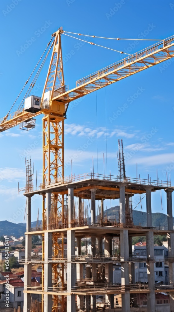 Construction site with cranes against blue sky, closeup. Construction concept. . Engineering and architecture concept.