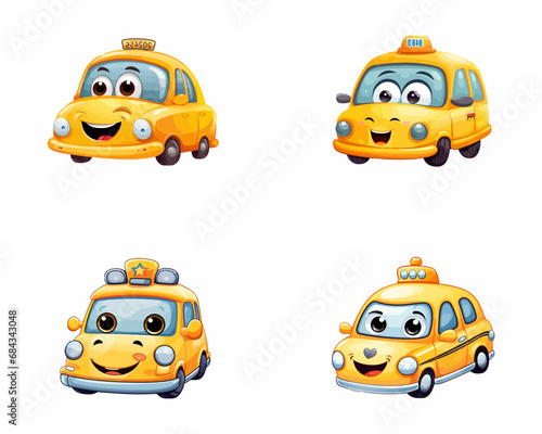 set of happy cute taxi watercolor illustrations for printing on baby clothes, pattern, sticker, postcards, print, fabric, and books