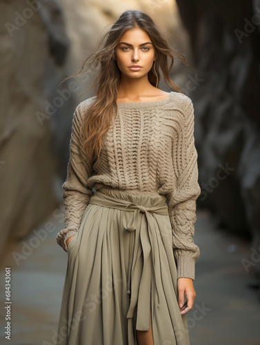 Beautiful young woman wearing stylish woolen knitted dress © svetlanais