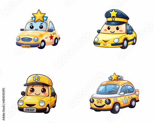 set of happy cute taxi watercolor illustrations for printing on baby clothes, pattern, sticker, postcards, print, fabric, and books