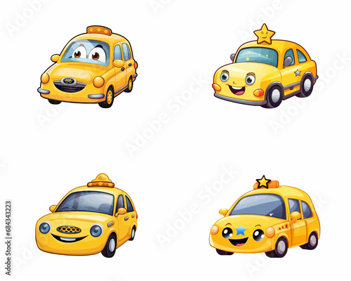 set of happy cute taxi watercolor illustrations for printing on baby clothes, pattern, sticker, postcards, print, fabric, and books