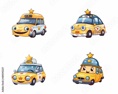 set of happy cute taxi watercolor illustrations for printing on baby clothes, pattern, sticker, postcards, print, fabric, and books