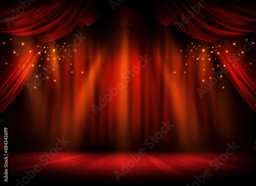 Banner with blazing lights on a red background, stage curtain in the background.