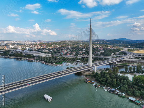 Belgrade - Serbia, September 17, 2023, Most recent "Most na Adi" - literally Bridge over Ada - river island in Belgrade, Serbia