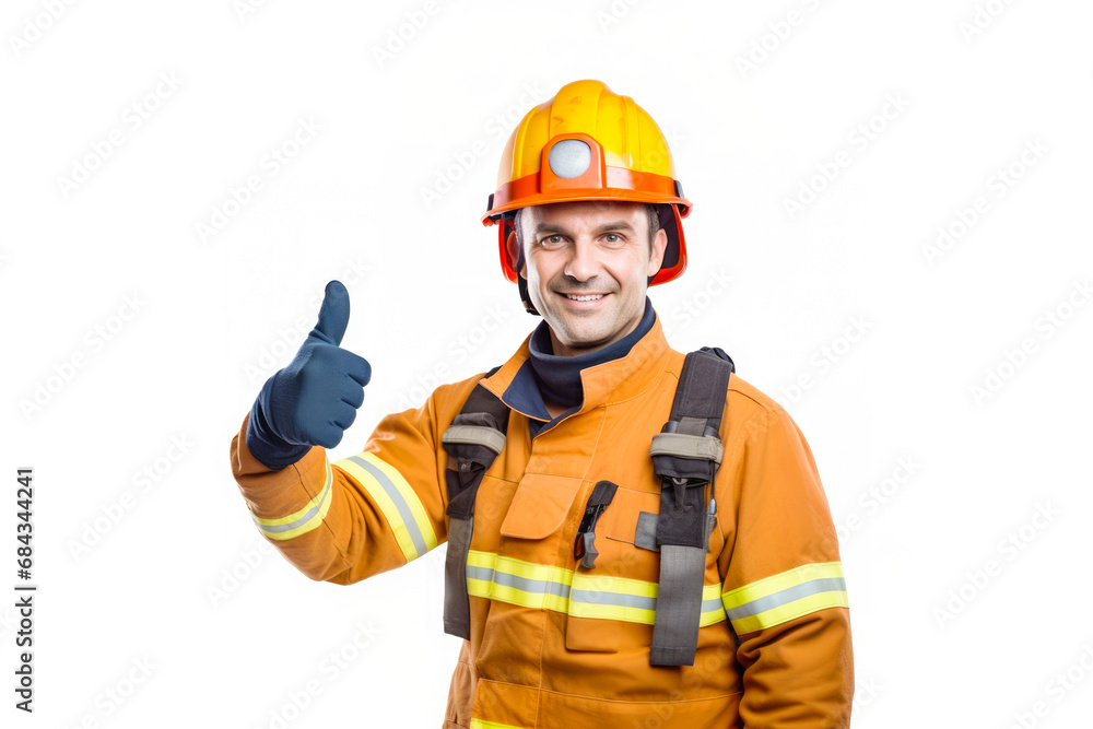 Firefighter man giving thumb up gesture isolated against white background Firefighter man giving thumb up gesture isolated against white background