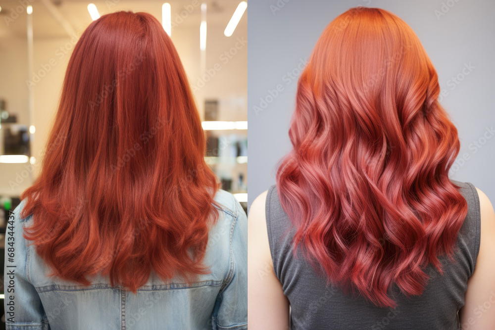 transformation of a young woman's hair, from split ends to a rejuvenated and radiant red hairstyle in a captivating before and after sequence. transformation of a young woman's hair, from split ends to a rejuvenated and radiant red hairstyle in a captivating before and after sequence.